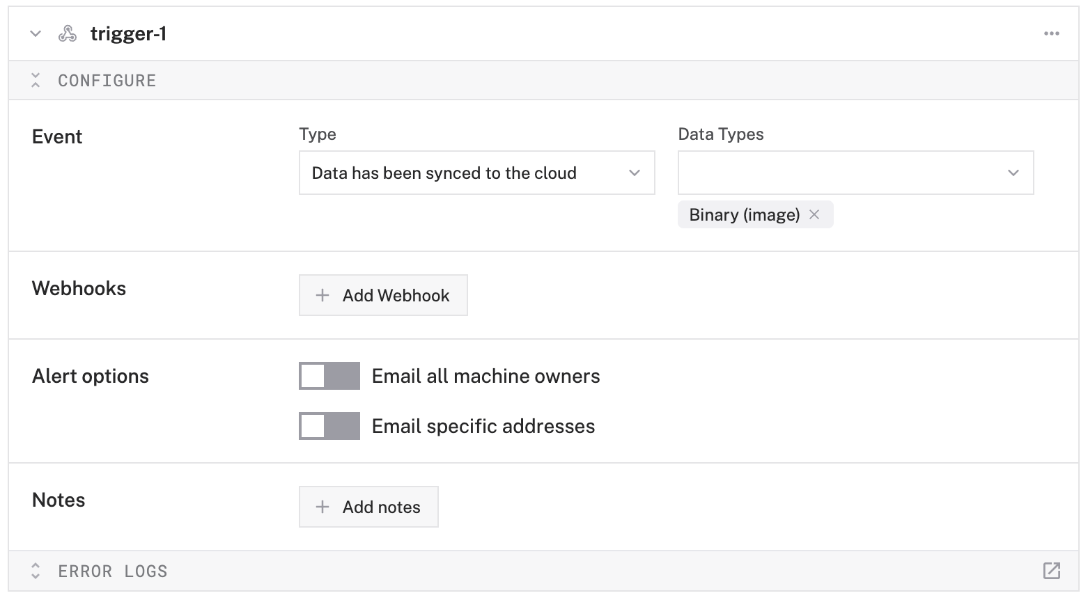 The trigger created with 'Data has been synced to the cloud' as the type and 'Binary (image)' as the data type.